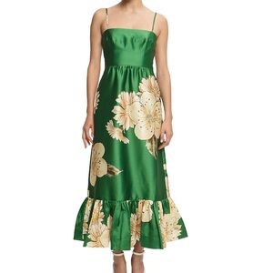 Alemais Green Floral Satin Ruffle-Hem Midi Dress